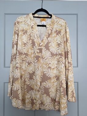 Ruby Rd Linen Blend Tropical Palm Print Tunic Top Tan White XL